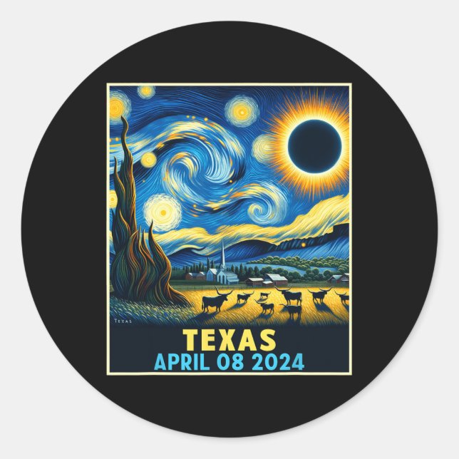 Sticker Rond Texas Total Solar Eclipse 2024 Starry Night (Devant)