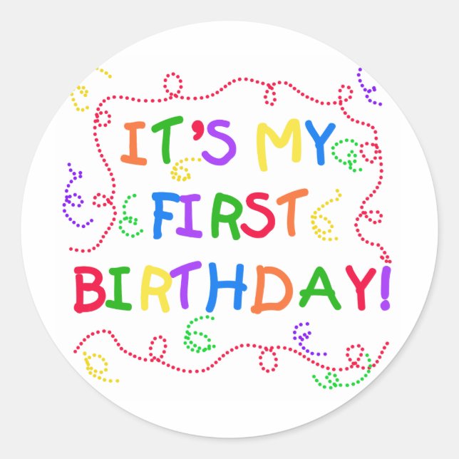 Sticker Rond Texte coloré C'est mon premier anniversaire (Devant)