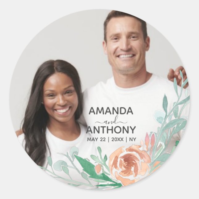 Sticker Rond Texte des fleurs et photo personnalisée (Devant)