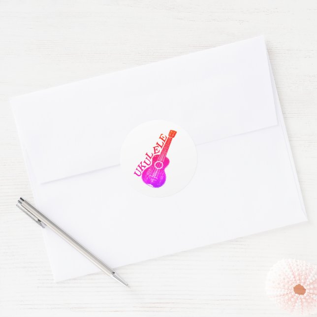 Sticker Rond Texte Et Image Colorés Ukulele (Enveloppe)