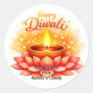Sticker Rond Texte personnalisé, Joyeux Diwali Lotus Diya