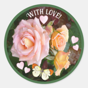 Sticker Rond Texte personnalisé Roses et Coeurs roses romantiqu