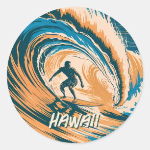 Sticker Rond Texte personnalisé Surfer Surf Vagues Rétro minima
