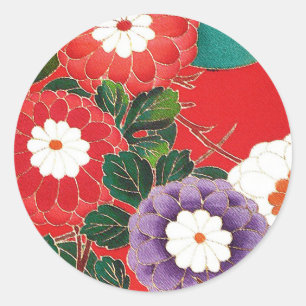 Sticker Rond Textile japonais vintage - Dahlias rouges
