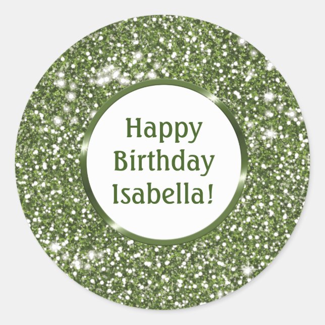 Sticker Rond Texture de paillettes factices vertes Joyeux anniv (Devant)
