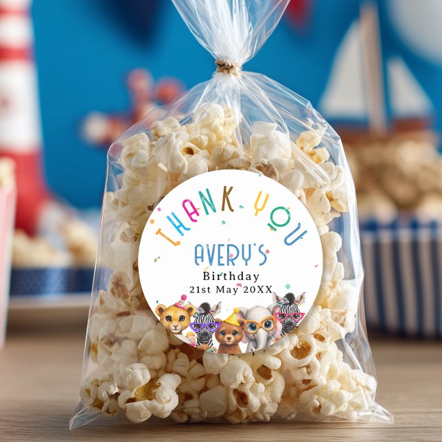 Sticker Rond Thank you! Animals Kids Birthday (Thank you! Animals Kids Birthday Classic Round Sticker with your Name and Date)