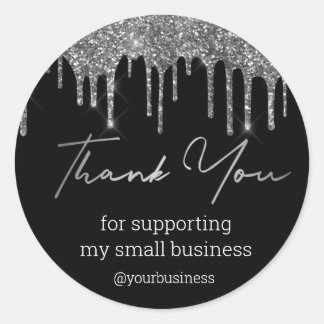 Sticker Rond thank you black and silver glitters small business