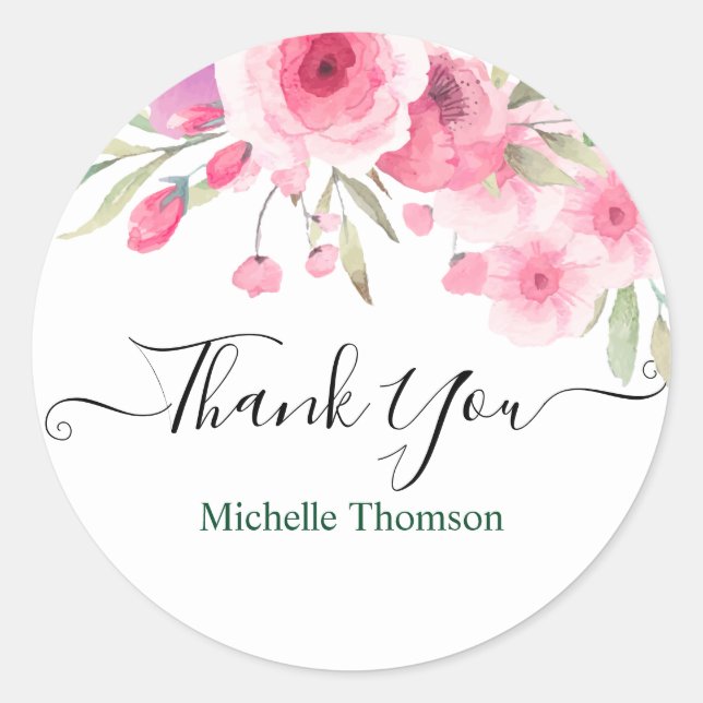 Sticker Rond Thank you editable pink floral illustration (Devant)