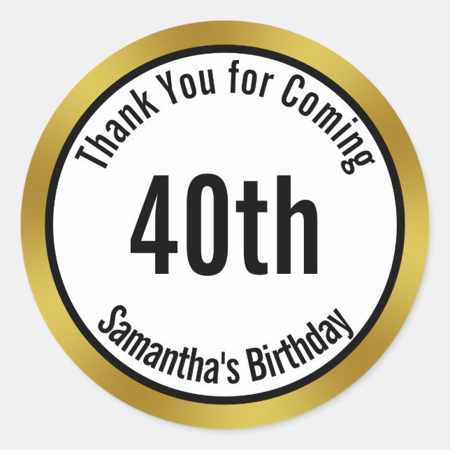 Sticker Rond Thank You for Coming Black White Gold Birthday (Devant)