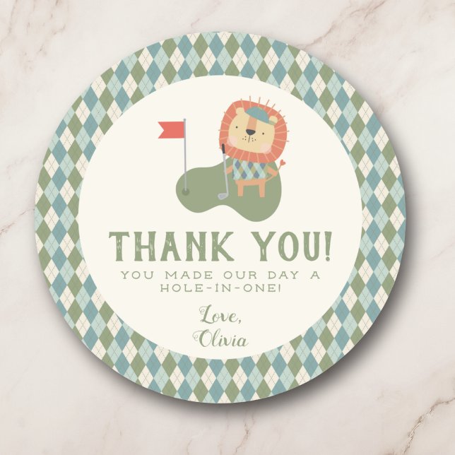 Sticker Rond Thank you Golf Baby Shower A Little Putter Preppy (Sweet lion golfer sticker to thank guests in golf style.)