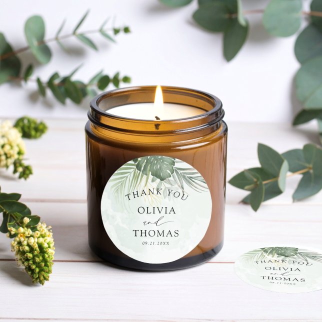 Sticker Rond Thank You Green Tropical Wedding Favor (Créateur téléchargé)