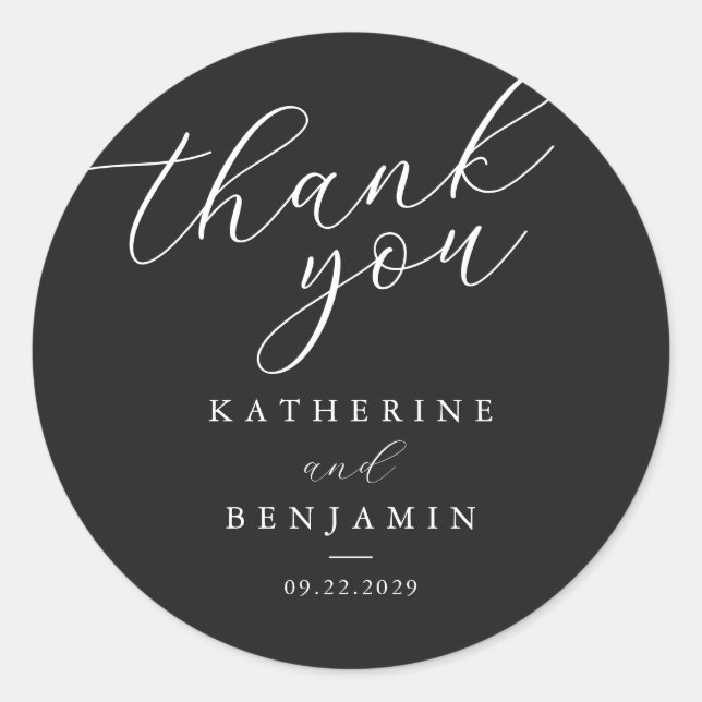 Sticker Rond Thank You Matte Black Minimalist Wedding (Devant)