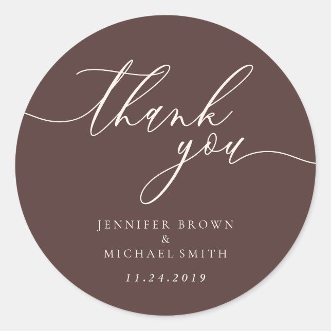 Sticker Rond Thank you script Chocolate Brown names date (Devant)
