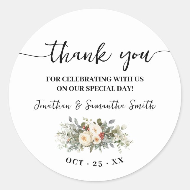 Sticker Rond Thank You Winter White Flowers Wedding (Devant)