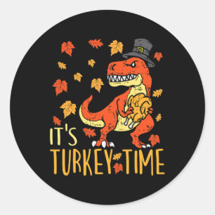 Sticker Rond Thankesgiving Son Turc Time Fall Leaf Dinosaur 1