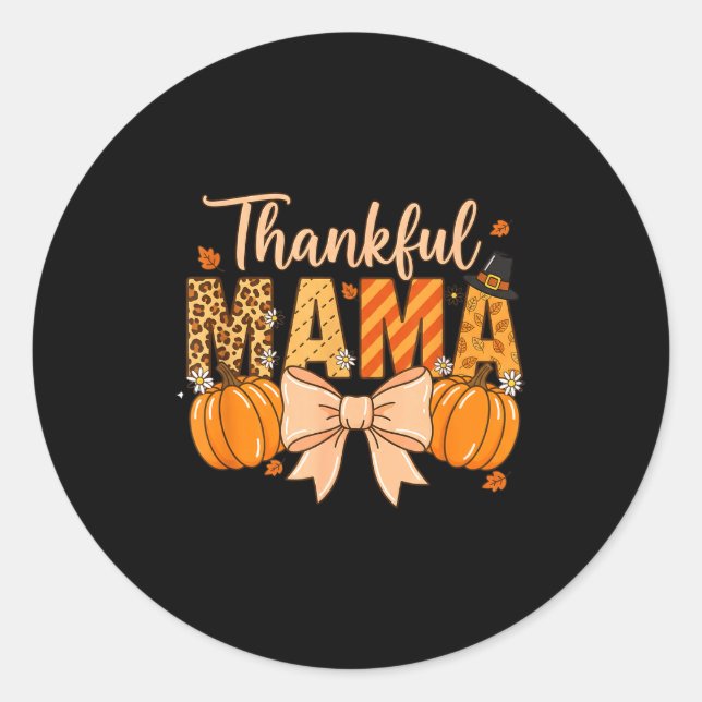 Sticker Rond Thankful Mama Pumpkin Fall Coquette Bow Thanksgivi (Devant)