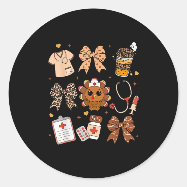 Sticker Rond Thankful Turkey Nurse Fall Stethoscope Coquette Th (Devant)