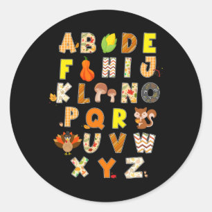 Sticker Rond Thanksgiving Alphabet Funny Turkey Fall Preschool