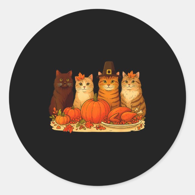 Sticker Rond Thanksgiving Cats Dinner Pumpkin Autumn Men Women  (Devant)