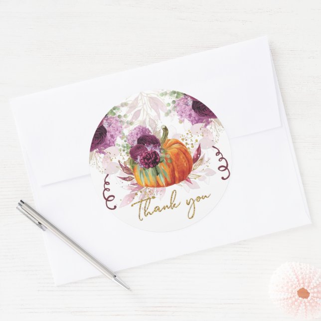 Sticker Rond Thanksgiving Citrouille Fleurs Bourgogne (Enveloppe)