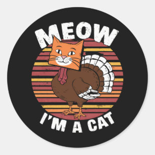 Sticker Rond Thanksgiving Drôle Turquie Fake Cat Retro