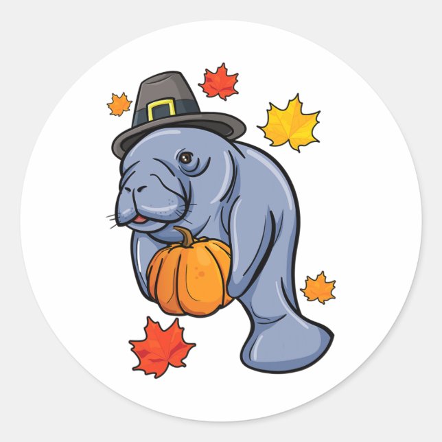 Sticker Rond Thanksgiving Manatee Pilgrim Fall Citrouille Dugon (Devant)