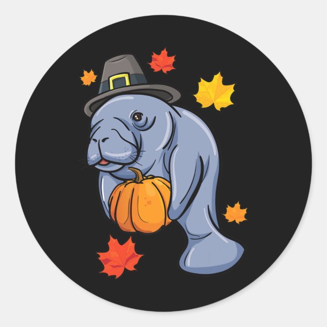 Sticker Rond Thanksgiving Manatee Pilgrim Fall Citrouille Dugon (Devant)