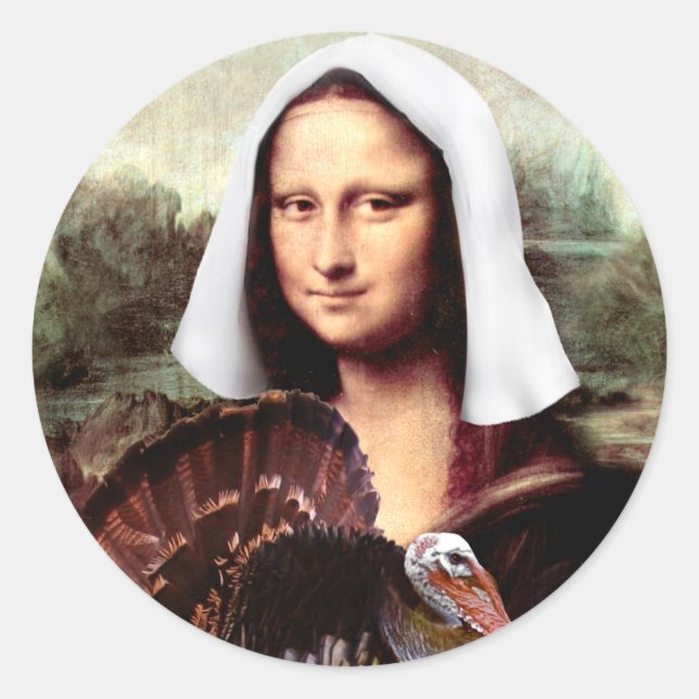 Sticker Rond Thanksgiving Mona Lisa Pilgrim with Turkey (Devant)