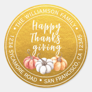 Sticker Rond Thanksgiving Nom de famille Adresse de retour Gold
