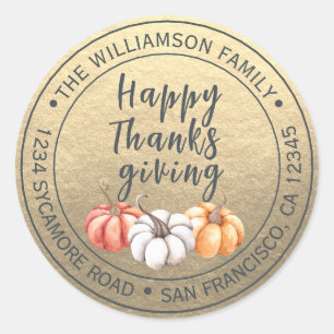 Sticker Rond Thanksgiving Nom de famille Adresse de retour Gold