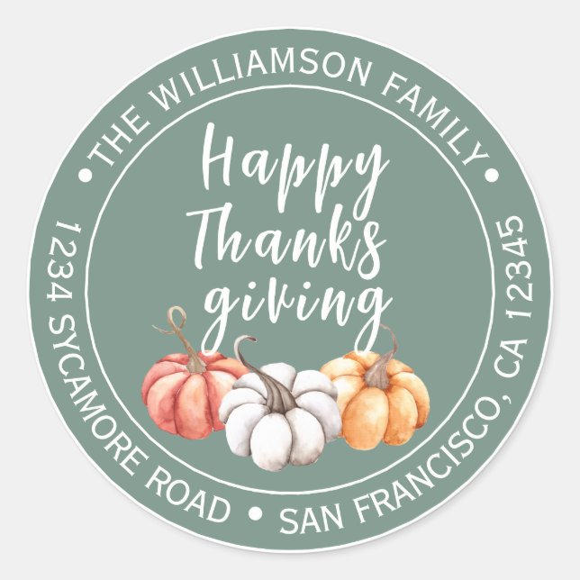 Sticker Rond Thanksgiving Nom de famille Retour Adresse verte (Devant)