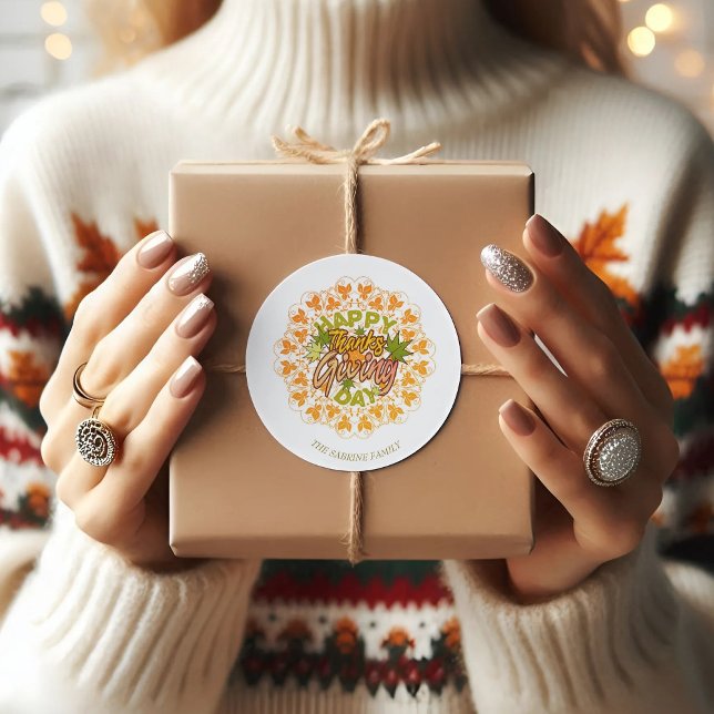 Sticker Rond Thanksgiving Orange Bohemian Mandala Autumn Leaves (Créateur téléchargé)