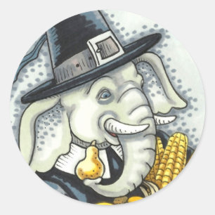 STICKER ROND THANKSGIVING PACHYDERM, THANKFUL PILGRIM ELEPHANT