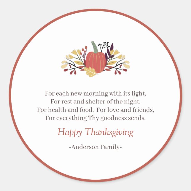 Sticker Rond Thanksgiving Poem Pays Russe Citrouille Bouquet (Devant)