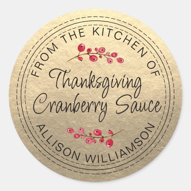 Sticker Rond Thanksgiving Sauce aux canneberges maison Or (Devant)