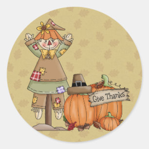 Sticker Rond Thanksgiving Scarecrow, Citrouille