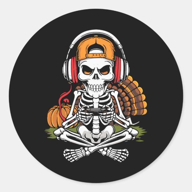 Sticker Rond Thanksgiving Skeleton Gamer Video Gaming Boys Homm (Devant)