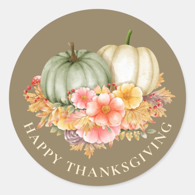 Sticker Rond Thanksgiving Thanksgiving citrouille brun fleuri (Devant)