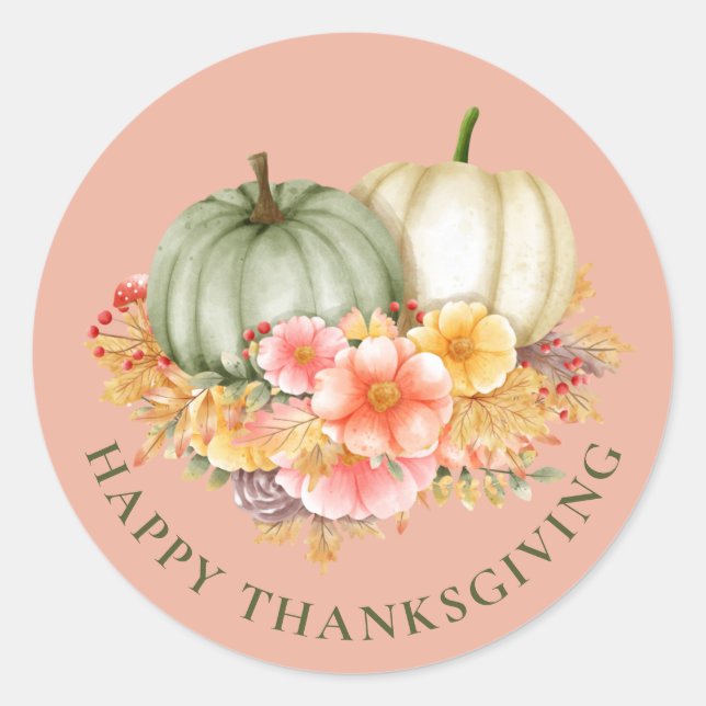 Sticker Rond Thanksgiving Thanksgiving citrouille rose fleuri (Devant)