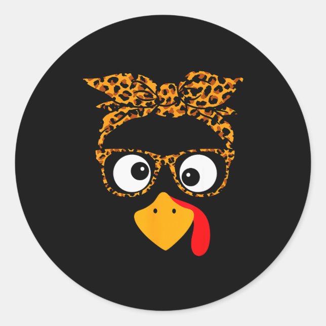Sticker Rond Thanksgiving Turkey Face Leopard Print Gles Autumn (Devant)