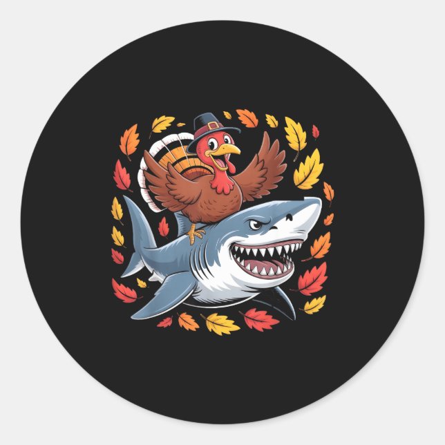 Sticker Rond Thanksgiving Turkey Riding Shark Funny Autumn Boys (Devant)