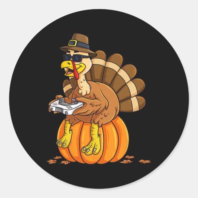 Sticker Rond Thanksgiving Turquie Joueur Citrouille Garçons Enf (Devant)