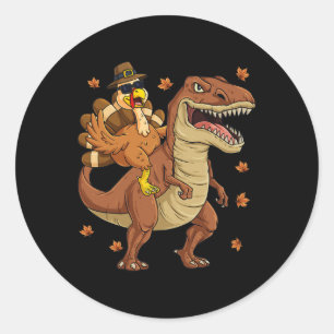 Sticker Rond Thanksgiving Turquie Riding T Rex Dinosaur Toddler