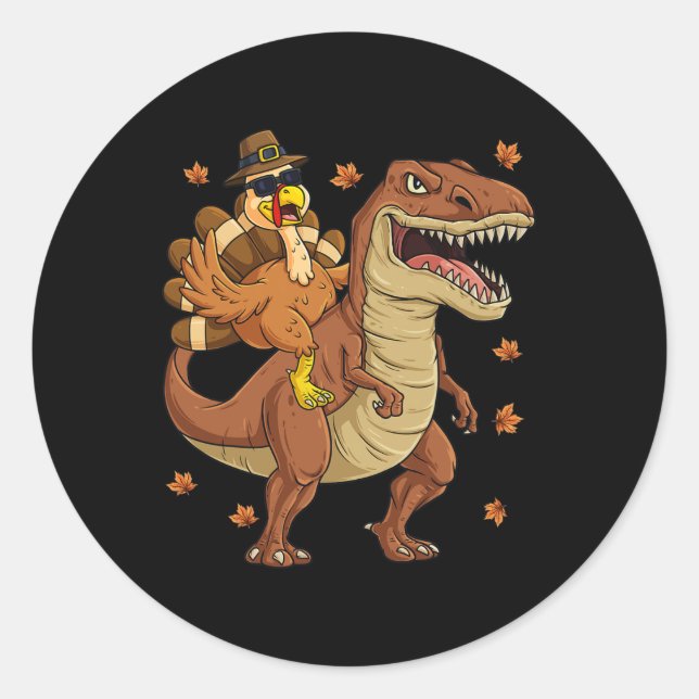 Sticker Rond Thanksgiving Turquie Riding T Rex Dinosaur Toddler (Devant)