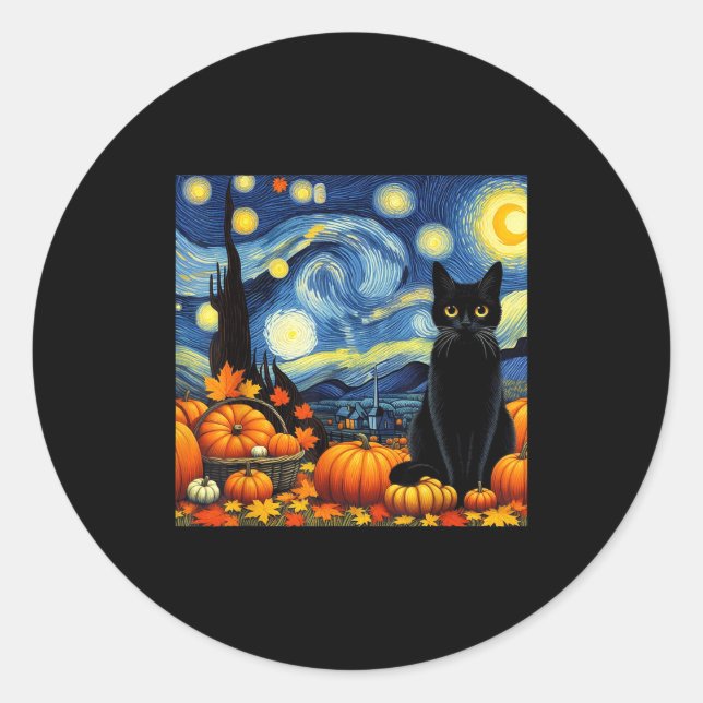 Sticker Rond Thanksgiving Van Gogh Starry Night Black Cat Pumpk (Devant)