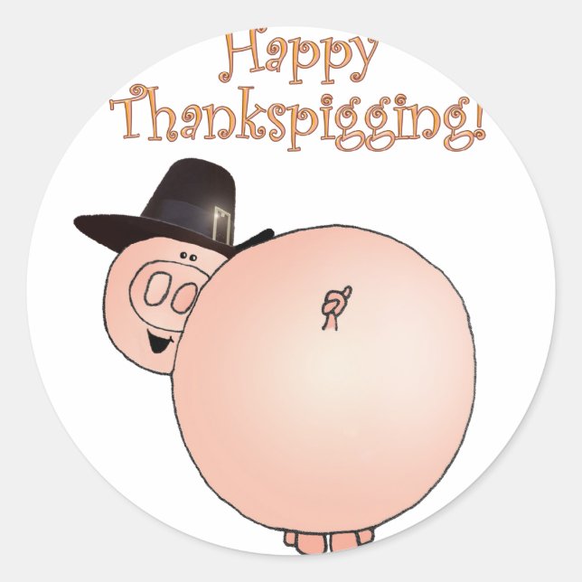 Sticker Rond "Thankspigging" Drôle Cartoon Cochon Thanksgiving (Devant)