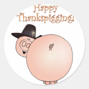 Sticker Rond "Thankspigging" Drôle Cartoon Cochon Thanksgiving