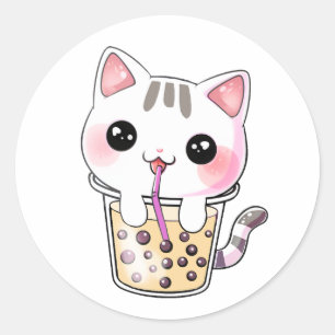 Sticker Rond Thé à bulle de chat Kawaii