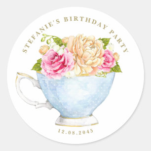 Sticker Rond Thé à la rose rose aquarelle Tasse Florale Anniver