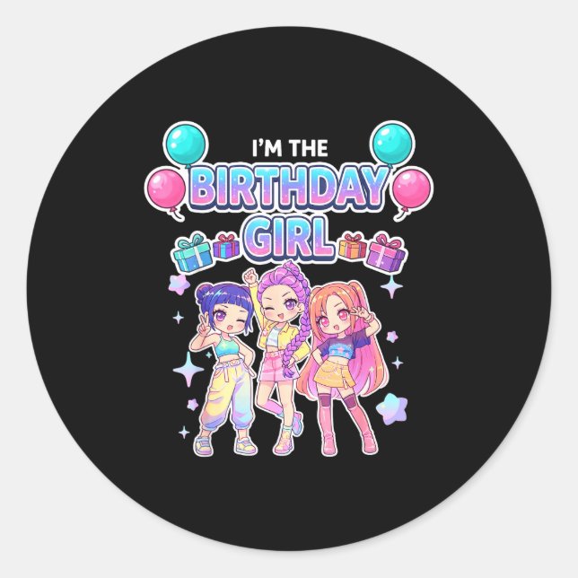 Sticker Rond The birthday girl cute chibi kpop funny kids (Devant)